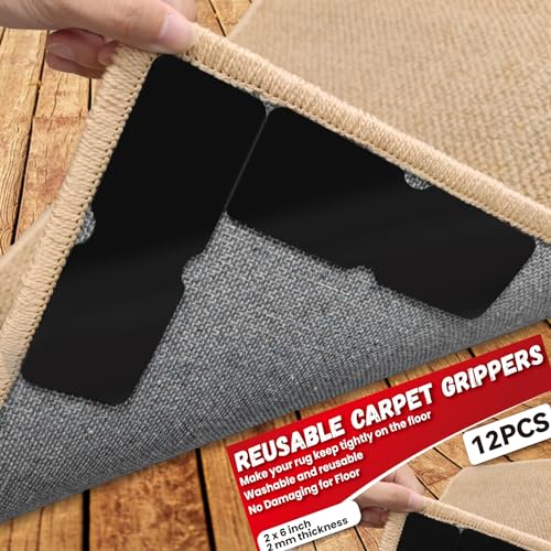 Reusable Rug Tape Non Slip Grippers for Hardwood Floors No Damaging, 12Pcs | Keep Carpet Corners Down Flat on Laminate Floor, Tiles, Under Carpet Double Sided Tape Stickers Pads Invisible No Residue