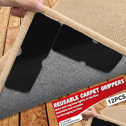 Reusable Rug Tape Non Slip Grippers for Hardwood Floors No Damaging, 12Pcs | Keep Carpet Corners Down Flat on Laminate Floor, Tiles, Under Carpet Double Sided Tape Stickers Pads Invisible No Residue
