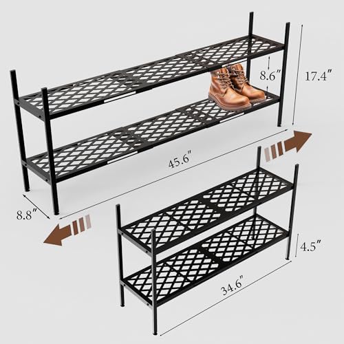 Shoe Rack, 45.6" Expandable Shoe Storage Organizer for Closet - Stackable | 2-Tier Metal Long Shoe Shelf with Sturdy Wire Grid Shoe Stand Holder for Entryway, Garage, Bedroom, Door Entrance, Black