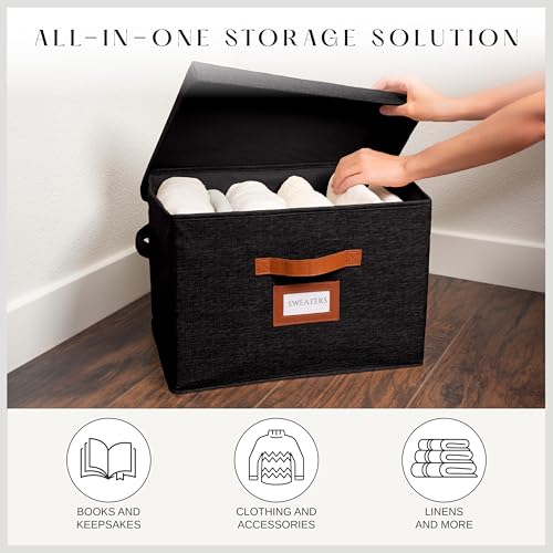 3 Pack Large Fabric Storage Boxes with Lids (15.75" x 11.25" x 11.25") - Decorative Bin with Lid, Label Holder, Faux Leather Handles - Large Storage Boxes for Organizing Clothes, Blankets - Black