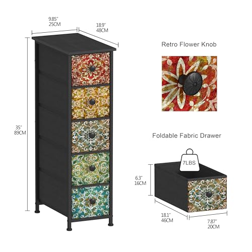 GiftGo Retro Skinny Dresser with Fabric Drawers Thin Slim Boho Mandala Flower Chest of Drawers Narrow Storage Tower for Small Spaces Gaps Bedroom Beautiful Nightstand Living Room Table