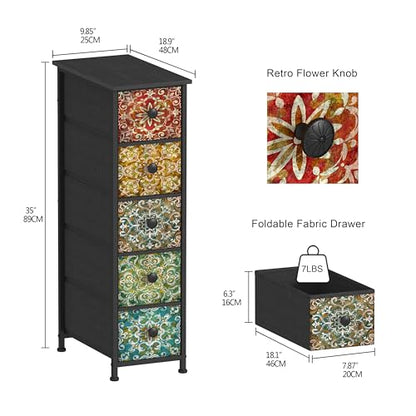 GiftGo Retro Skinny Dresser with Fabric Drawers Thin Slim Boho Mandala Flower Chest of Drawers Narrow Storage Tower for Small Spaces Gaps Bedroom Beautiful Nightstand Living Room Table
