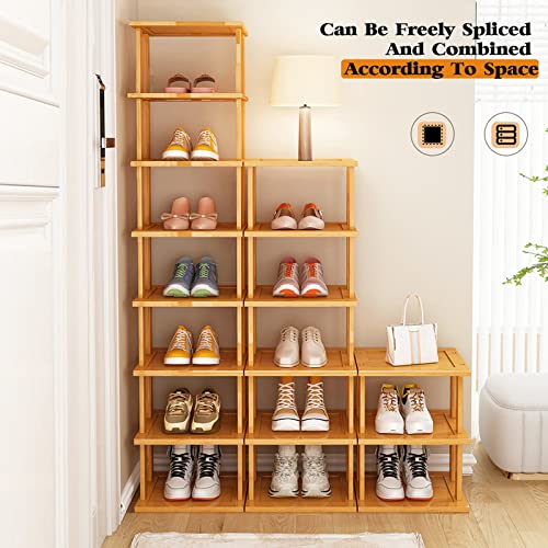SAN HE Bamboo Shoe Rack 5Tier- Vertical Shoe Rack for Small Spaces, Tall Narrow Shoe Rack Organizer for Closet Entryway Corner Garage and Bedroom,Skinny Shoe Shelf with Free Stackable DIY
