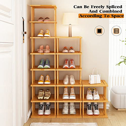 SAN HE Bamboo Shoe Rack 5Tier- Vertical Shoe Rack for Small Spaces, Tall Narrow Shoe Rack Organizer for Closet Entryway Corner Garage and Bedroom,Skinny Shoe Shelf with Free Stackable DIY