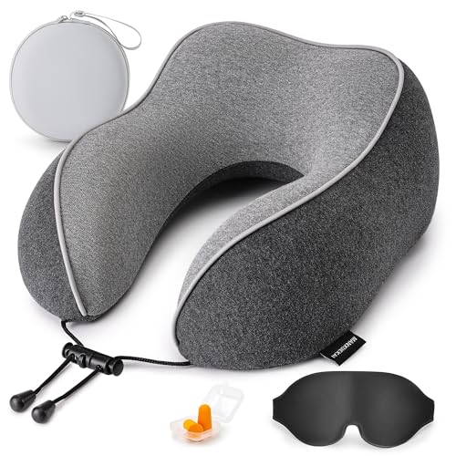 Travel Neck Pillow for Sleeping,100% Pure Memory Foam, Soft Head Support | Washable Cotton Cover,Comes with 3D Eye Mask,Earplugs,Storage Bag,Ideal Travel Gift,Relieve Neck Pressure,Dark Grey
