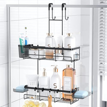 Over the Door Shower Caddy Hanging: Rustproof Shower Door Organizer | Shower Door Rack for Inside Shower, No Drilling Shower Storage Shelf with Hooks, Soap & Toothbrush Holder