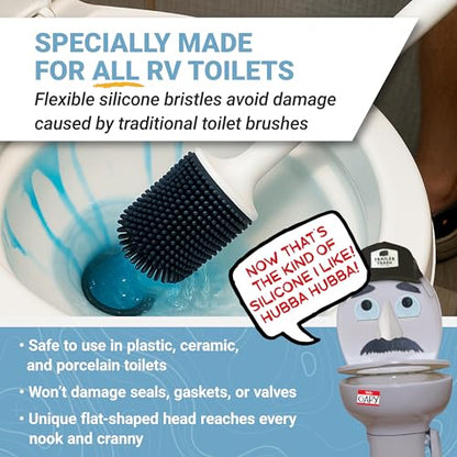 Unique Silicone RV Toilet Brush with Compact Holder | Non-scratch silicone bristles for RV toilet bowl cleaning; wall-mount no-drip holder saves camper bathroom space