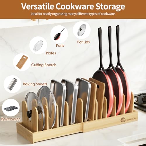 Housolution Bamboo Pot and Pan Lid Organizer Holder Storage Rack | 15"-29" Expandable, 10 Adjustable Dividers, Upgrade Solid Wooden Base, Easy Assembly