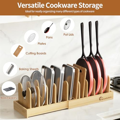 Housolution Bamboo Pot and Pan Lid Organizer Holder Storage Rack | 15"-29" Expandable, 10 Adjustable Dividers, Upgrade Solid Wooden Base, Easy Assembly
