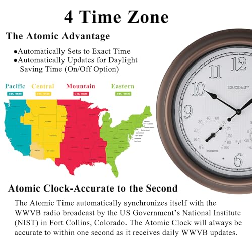 18" Illuminated Outdoor Atomic Analog Clocks Waterproof,IP65 Rating | Auto DST Adjust, Built In Adjustable Thermometer & Hygrometer, Bronze, Accurate & Easy to Read for Patio,Pool & Garden