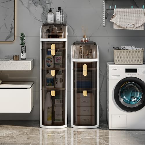 4-Tiers Slim Bathroom Storage Cabinet with Drawers & Tissue Box | Plastic Narrow Rolling Bathroom Tower Cart Waterproof & No Installation for Small Spaces Kitchen Laundry Living Room