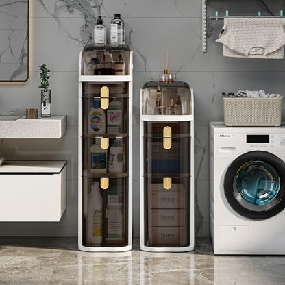 4-Tiers Slim Bathroom Storage Cabinet with Drawers & Tissue Box | Plastic Narrow Rolling Bathroom Tower Cart Waterproof & No Installation for Small Spaces Kitchen Laundry Living Room