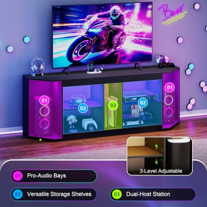 Modern TV Stand with LED Lights & Power Outlets for 75 inch TVs, Gaming Entertainment Center for PS5 Xbox, Media Consoles for Bedroom, Living Room, Black