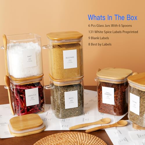 HHMJSM 6 Pcs Square Glass Jar with Bamboo Lid and Spoon - 27 oz Large Sugar Container with 148 Kitchen Pantry Spice Jar Labels Preprinted - Glass Containers with Wooden Lids Hold Coffee, Tea, Candy