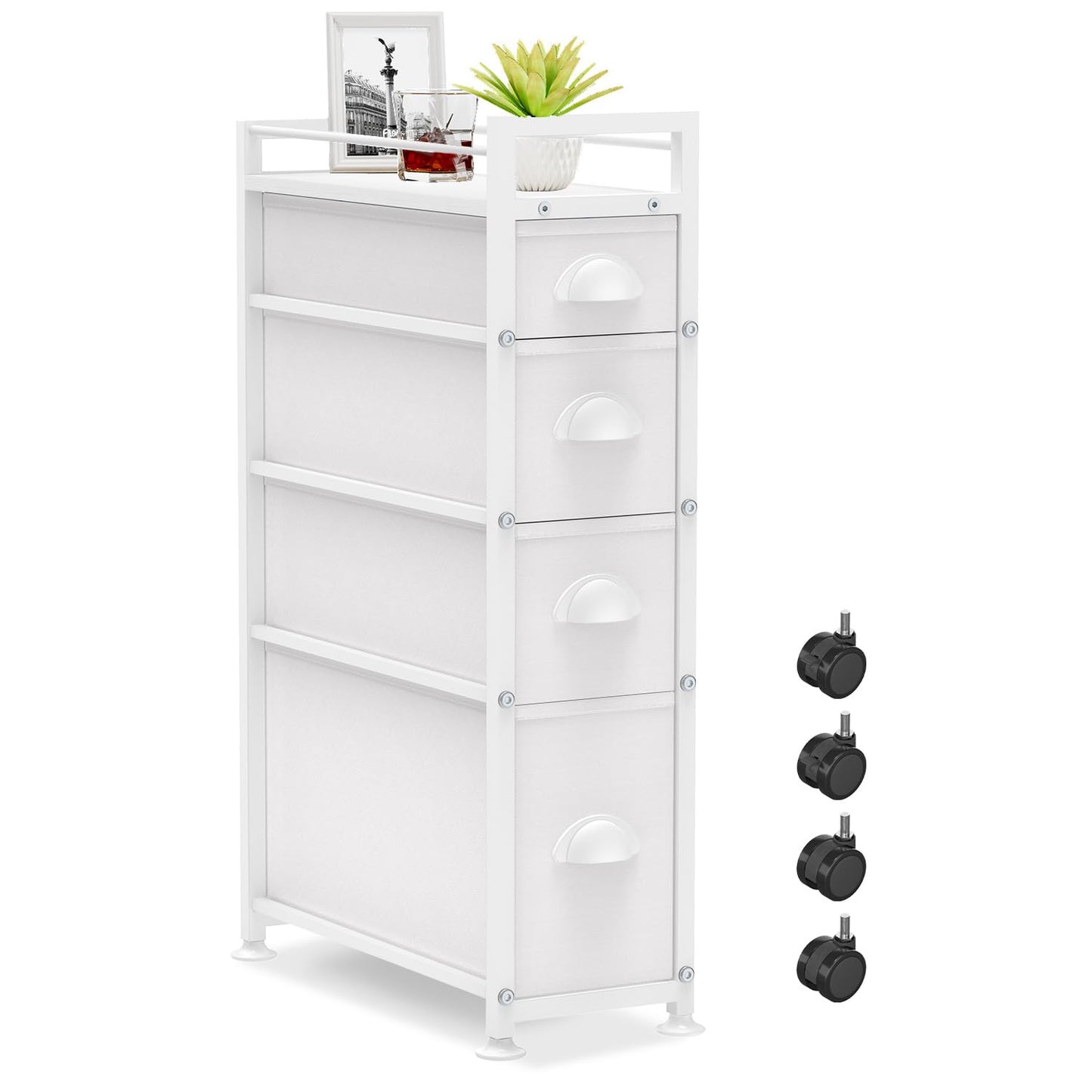 LASZOLA Narrow Cabinet Slim Storage Cart for Bathroom Small Space, White | 4 Tiers Skinny Rolling Organizer Shelf with Sturdy Fabric Drawers, Lightweight Mobile on Wheels, Between Washer and Dryer