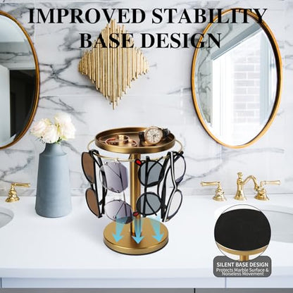 360° Rotating Sunglass Organizer Storage, Stainless Steel Glasses Holder Stand, Glasses Organizer with Tray for Desk, Dresser, Tabletop, Nightstand and Home Decor (Gold)