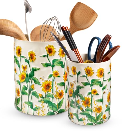 Sunflower Utensil Holder, 7.1"+5.4" Ceramic Utensi... (Yellow | Ceramic)