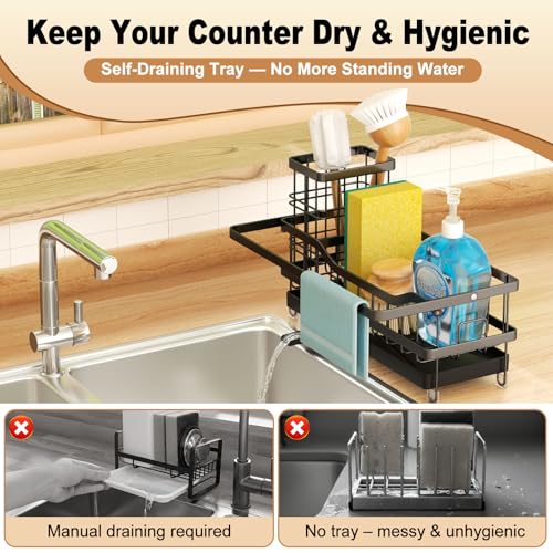 Sponge Holder for Kitchen Sink, Self-draining Sink Organizer with Towel Rack and Brush Holder, Metal Kitchen Sink Organizer for Countertop, Black