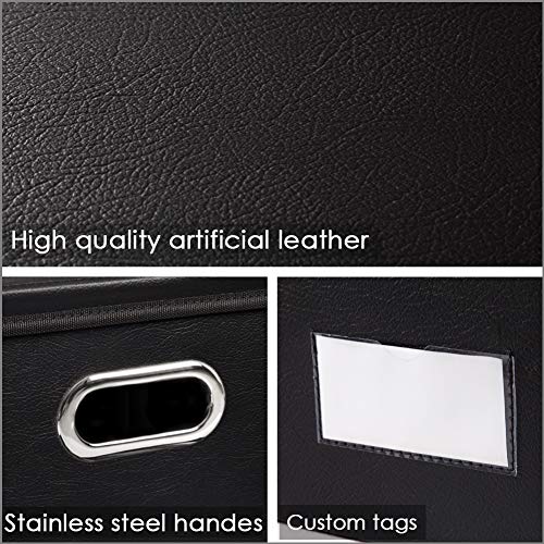 Large Collapsible Storage Bin with Lid [1-Pack] Leather Fabric Foldable Storage Box Organizer Containes Basket Cube with Cover for Home Bedroom Closet Office Nursery Black (17.7x11.8x11.8)