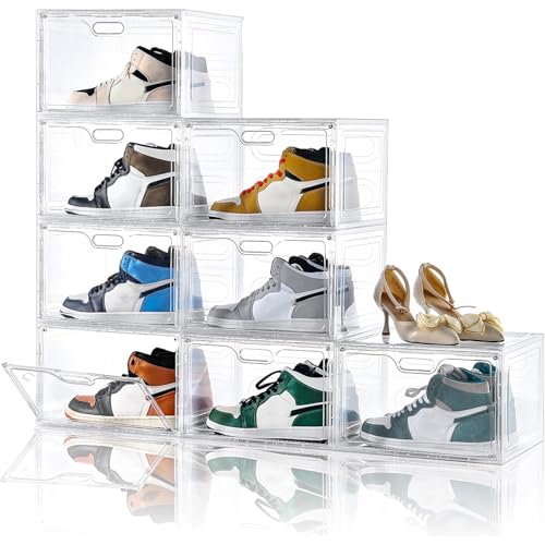 Amllas 8 Pack Shoe Boxes Clear Plastic Stackable, Large Shoe Storage Organizer with Lids,Drop Side Shoe Containers for Entryway,Sneaker Storage Fit up to US Size 13 (13’’x 10.6”x 8.3”)
