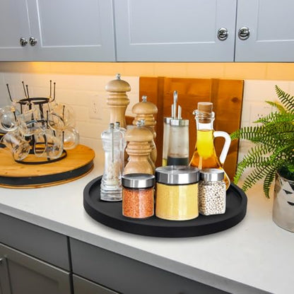 Wooden Lazy Susan for Table Top Organizer Round Tray Kitchen Counter Decor | 10" Small Black Wood Lazy Susan Turntable Cabinet Circle Rotating Bathroom Vanity Tray Coffee Bar Dining Table Accessories