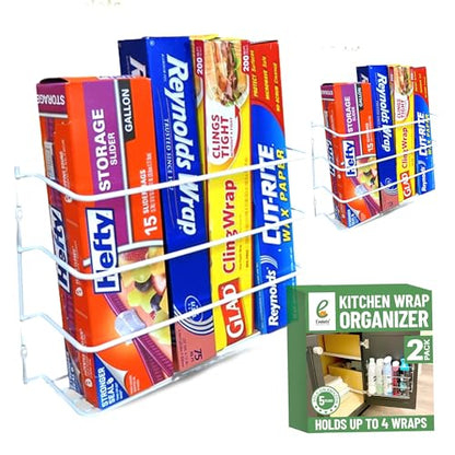Evelots Kitchen Wrap & Food Bag Organizer Wall/Cabinet Mount, 2-Pack, White | Keep kitchen wraps and food bags organized with 2 baskets that mount on a wall or cabinet door to save valuable counter space