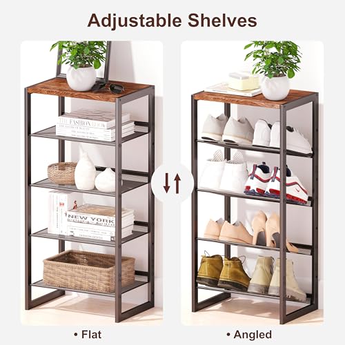 CHEMPFR Narrow 5-Tier Shoe Rack, Slim Space-Saving Shelf with Decorative Wood Top & Steel Mesh, Entryway/Closet/Dorm Organizer, 16.5x11.8x36 Inches