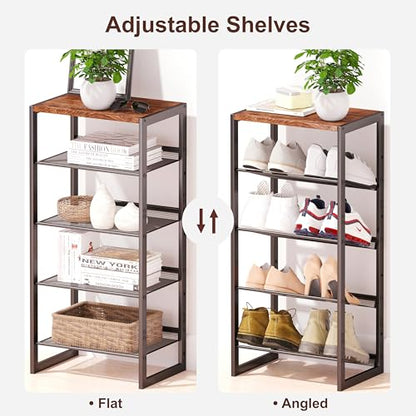 CHEMPFR Narrow 5-Tier Shoe Rack, Slim Space-Saving Shelf with Decorative Wood Top & Steel Mesh, Entryway/Closet/Dorm Organizer, 16.5x11.8x36 Inches