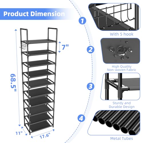 Simple Trending 10 Tiers Tall Shoe Rack for Closet, Black | Narrow Shoe Shelf, Holds 20 Pairs, Shoe Organizer Storage, With Hooks
