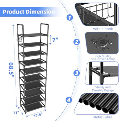 Simple Trending 10 Tiers Tall Shoe Rack for Closet, Black | Narrow Shoe Shelf, Holds 20 Pairs, Shoe Organizer Storage, With Hooks