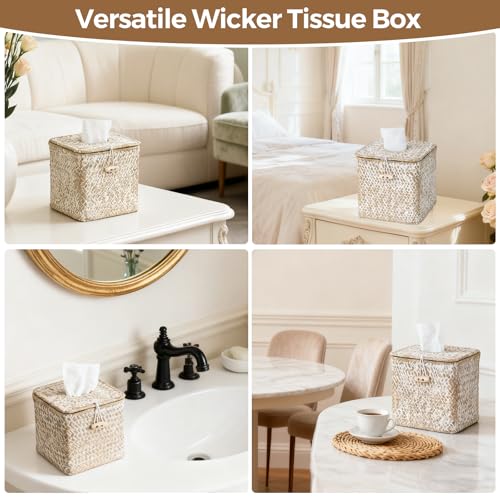 Seagrass Tissue Box Cover Square, Woven Wicker Tissue Box Holder, Whitewash | With Lid, Natural Seagrass, Handwoven, Boho Decor, Decorative Facial Cube Tissue Cover Holder for Bathroom Office Table