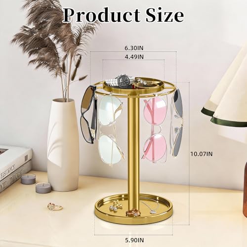 360° Rotating Sunglasses Organizer, Glasses Holder with Organizer Tray | Stainless Steel Eyeglasses Holder with Storage Base for Dresser, Desk Table, Nightstand & Home Decor, Gold