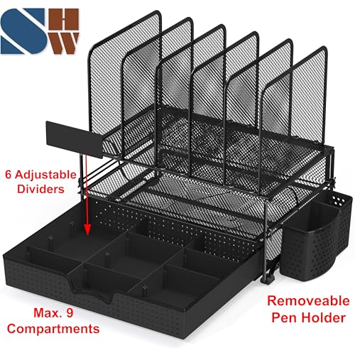 Simple Houseware Desk File Organizer for Office Supplies w/Drawer, Black | Double Tray, Pencil Holder, and 5 Upright Sections with Sliding Drawer