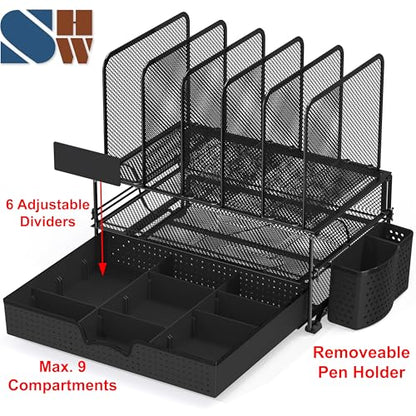 Simple Houseware Desk File Organizer for Office Supplies w/Drawer, Black | Double Tray, Pencil Holder, and 5 Upright Sections with Sliding Drawer