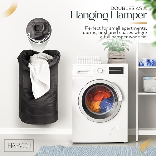 HAEVON Heavy Duty Laundry Backpack, Black | Padded Straps, Removable Liner