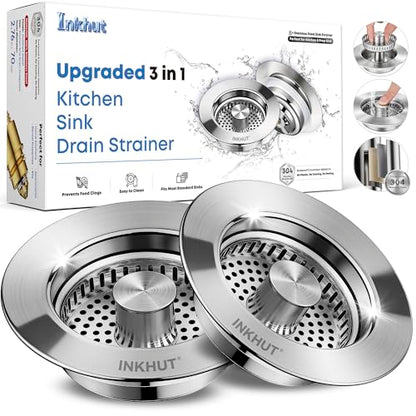 Upgraded 3 in 1 Kitchen Sink Drain Strainer (Silver-2Pack) | Stainless Steel Sink Stopper, Anti-Clogging Food Catcher Basket, Bounce Core Drain Strainer Plug for 3 1/2 inch Drain