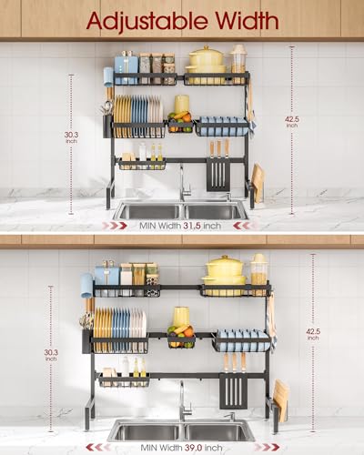 Dish Drying Rack - Over The Sink Dish Drainer Drying Rack with Utensil & Knife Holder, Hooks, Stainless Steel Kitchen Organizers and Storage Solution, 11.8" D x 31.5"~39.0''W x 30" H, Black