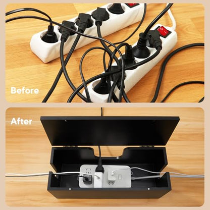 Large Cable Management Box - Wood Cable Organizer Box and Power Strip Box for Electrical Cord Management - Hide Desk Cord and Floor Cables - Wire Storage and Organization for Cords, Black