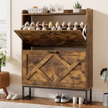 Shoe Storage Cabinet with 2 Flip Drawers, Freestanding Wood Shoe Organizer with Metal Legs, Farmhouse Slim Shoe Rack for Entryway, Foyer, Hallway, Rustic Brown