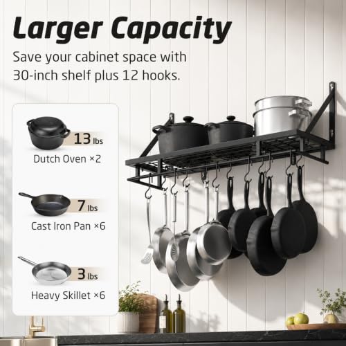 KES 30-Inch Kitchen Pan Pot Rack Wall Mounted, Hanging Storage Organizer | 88 Lbs Capacity, Wall Shelf with 12 Sturdy Hooks, 16-Inch Stud Mount, Matte Black, KUR215S75A-BK