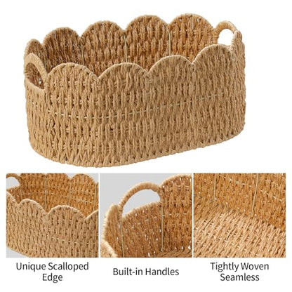 Paper Rope Scalloped Basket Set of 2, Wicker Storage Baskets for Shelves,Gifts,Books,Toys,Cute Decor Rattan Baskets for Organizing,Natural Color
