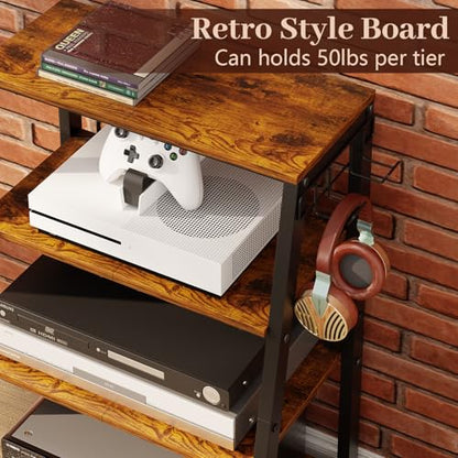 4-Tier AV Media Stand with 2 Hooks,Heavy Duty Stereo Cabinet Furniture-Large Stereo Rack and Game Console Stand,Wooden Record Player Stand,Audio Stand Perfect for DVD Players/Game Console/TV Box/Xbox