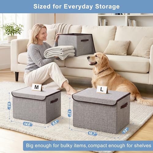 Large 22 Quart Linen Fabric Foldable Storage Bin Cube Organizer Basket with Flip-Top Lid & Handles, Clothes Blanket Box for Home, Office, Closet, Gray, 4 Pack 14.6 x 9.5 x 9.5”