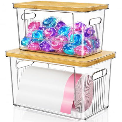 2 Pack Trash Bag Holder with Bamboo Lid for Laundry & Dishwasher Pods, Acrylic Trash Bag Dispenser Roll Containers Under Sink, Plastic Container Garbage Bags Storage Organizer for Kitchen,Cabinet, Pod