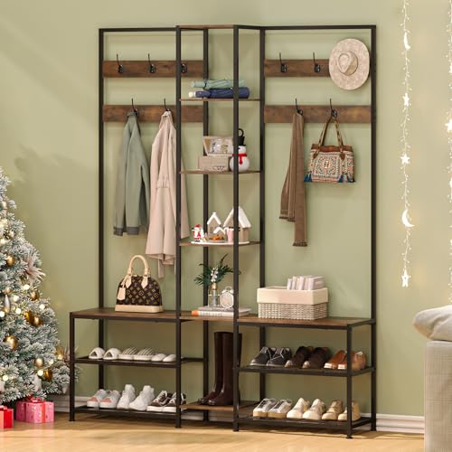 GiftGo Corner Hall Tree with Shoe Rack Storage Bench Display Open Shelves Modern Industrial Entryway Coat Rack Stand for Home Living Room Mudroom Bedroom Multifunctional 5 in 1 (Rustic Brown)