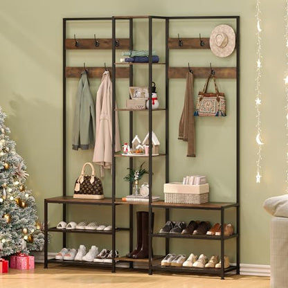 GiftGo Corner Hall Tree with Shoe Rack Storage Bench Display Open Shelves Modern Industrial Entryway Coat Rack Stand for Home Living Room Mudroom Bedroom Multifunctional 5 in 1 (Rustic Brown)