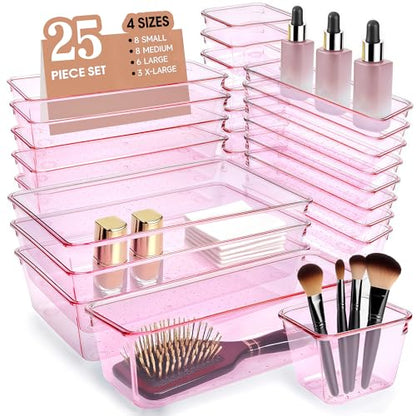 Kitchen Desk Drawer Organizers Storage for Office, Small Acrylic Vanity Trays Makeup Organizer for Drawer Bathroom Plastic Make up Organizers 25 Pcs Pink
