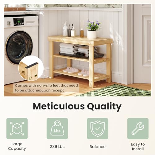 DUMOS Shoe Rack Bench with Storage, 3-Tier Bamboo Entryway Benches, Wooden Shoe Rack Holds Up to 286 lb Storage Organizer, Suitable for Bedroom Living Room Balcony, Classical Wood