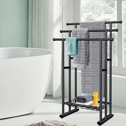 Kayfia 40'' Freestanding 3 Tier Alloy Steel Towel Rack with Storage Basket | Dual-Use Drying & Display Rack, Holds Oversized Bath Towels & Blankets, Fits Bathroom, Tub, Shower, Poolside, Black