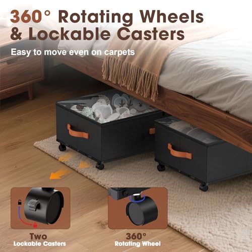 Eastherry Under Bed Storage Containers with Wheels, 9.5 inches Higher Underbed Shoes Blankets Clothes Toy Storage Drawers for College Dorms Bedrooms Nursery Rooms Organization, 2 Pack to be Assembled